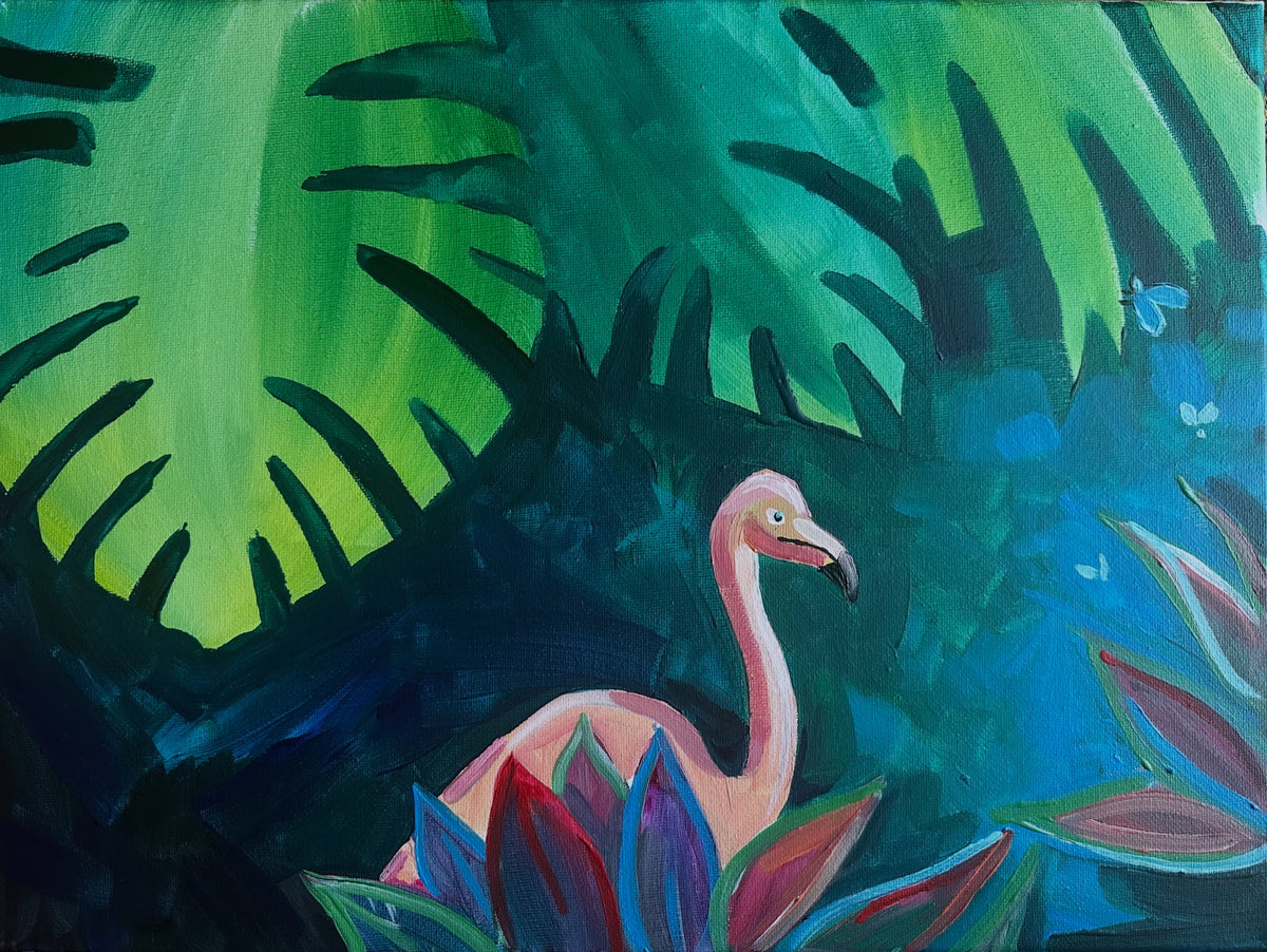 Painting of a flamingo among tropical leaves and plants