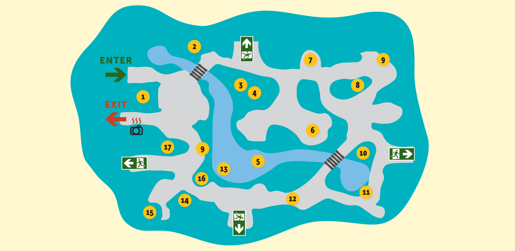 Map of the Victoria Butterfly Gardens with numbers highlighting points of interest